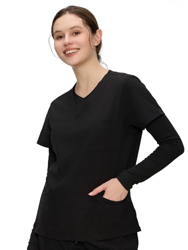 COZYFIT Women’s Underscrub Tee, V-Neck Long Sleeve Undershirt - color: Black, size: XX-Large