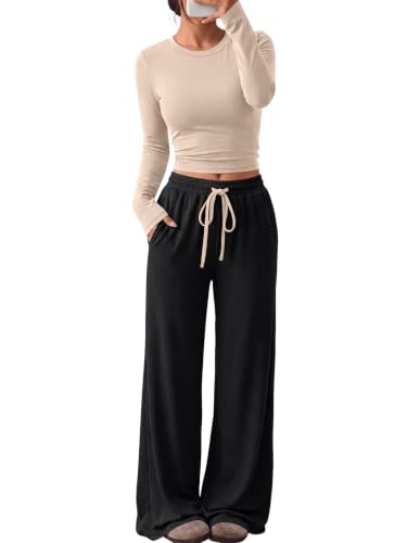 Trendy Queen Women's 2 Piece 2026 Fall Fashion Lounge Set with Pockets - color: Beige Black, size: Large