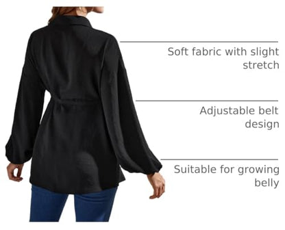 MakeMeChic Women's Maternity Blouse Long Sleeve Belted Button Down Tops - color: Black, size: XX-Large