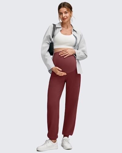 G4Free EverGoing Maternity Pants Over The Belly Pregnancy Joggers Workout - color: Wine, size: Medium