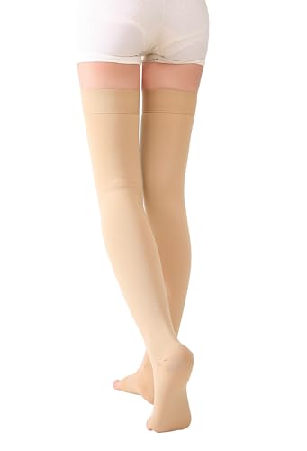 TOFLY 30-40mmHg Graduated Compression Stockings Thigh High Open Toe Pair - color: 30-40mmhg Open-toe Beige, size: Medium