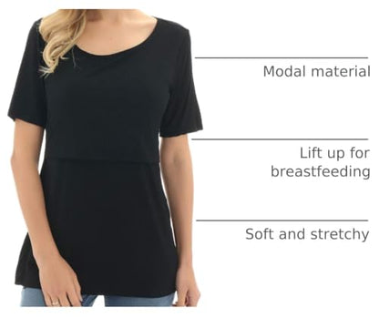 Bearsland Women's 3 Packs Maternity Nursing Tops Short Sleeve Breastfeeding Shirts - color: Black+grayblue+blackwhite Stripe(3pcs), size: Medium