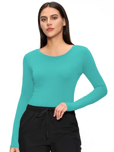 Underscrub Long Sleeve Women Crew Neck Comfort Tee, Scrub Undershirt - color: Aqua Blue, size: Medium