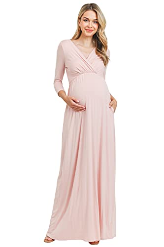 LaClef Women's Wrapped Ruched Maternity Dress with Pocket - color: Blush, size: Large