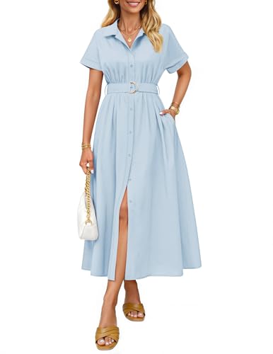 ZESICA Women's Summer Button Down Short Sleeve Midi Dress - color: Lightblue, size: X-Large