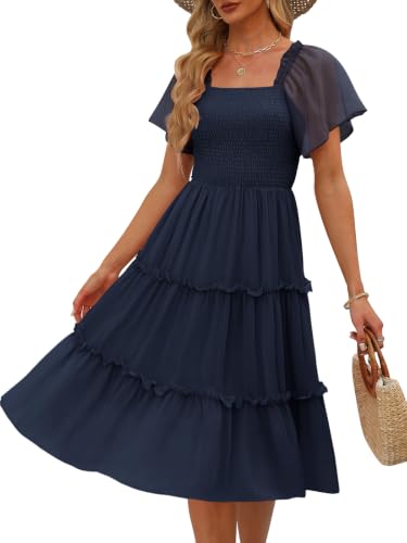 LILLUSORY Women Tiered Flutter Sleeve Square Neck Smocked Midi Dress - color: Navy Blue, size: Medium