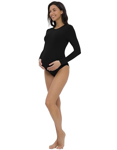 V VOCNI Maternity Bodysuit Long Sleeve Crewneck Slim Fit Body Suit - color: Black, size: Medium