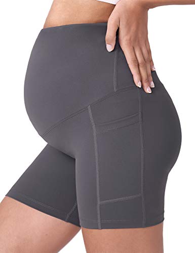 POSHDIVAH Maternity Biker Shorts Over the Belly with Pockets 5"/8" - color: Black Grey, size: X-Small
