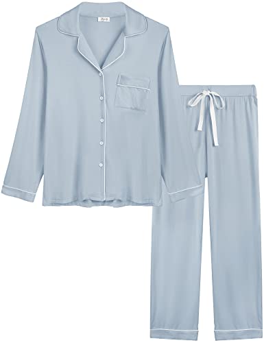 Cherrydew Women's Bamboo Viscose Cooling Long Sleeve Button Up Pajama Set - color: Dusty Blue, size: XX-Large