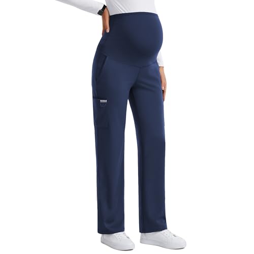 Women's Maternity Scrub Pants with 6 Pockets & 4-Way Stretch - color: Navy, size: Medium