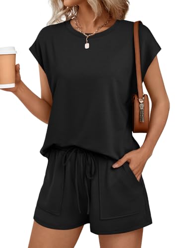 AUTOMET Womens 2 Piece Summer Matching Lounge Short Sets with Pockets - color: Black, size: X-Large