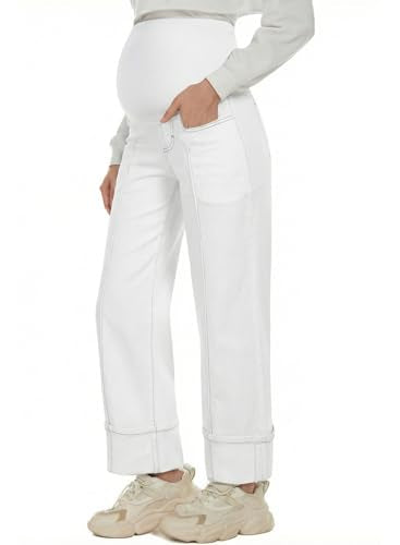 BLENCOT Maternity Jeans Over Belly Straight Leg Denim Pants with Pockets - color: White, size: Large
