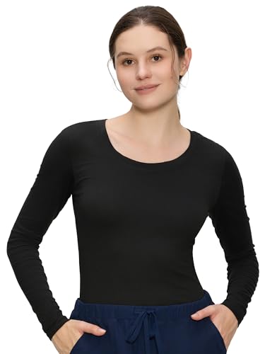 COZYFIT Underscrub Long Sleeve Women, Scrubs Undershirts, Deep Round Neck - color: Black, size: Medium