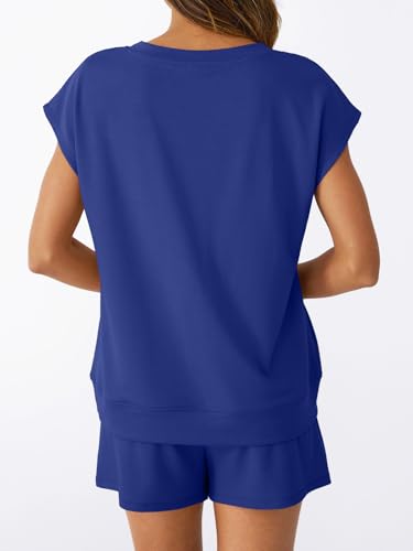 AUTOMET 2 Piece Summer Short Set Matching V Neck Cap Sleeve Lounge Clothing - color: Royal Blue, size: Medium