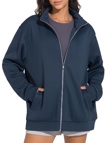 THE GYM PEOPLE Women's Oversized Zip Up Sweatshirts Fleece Mock Neck Jacket - color: Navy Blue, size: X-Large