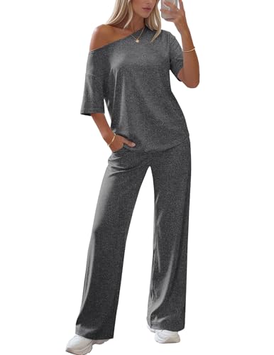 Ekouaer Women's Lounge Set Off Shoulder Short Sleeve Top & Long Pants Set - color: Dark Gray, size: Large
