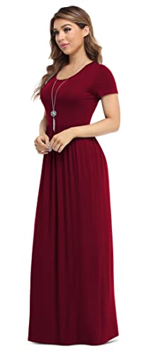 VIISHOW Women's Short Sleeve Loose Plain Maxi Dresses Casual Long Dresses with Pockets - color: Wine Red, size: XX-Large