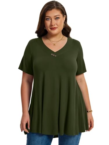 LARACE Plus Size Tops for Womens Button Down Tunics Shirts Summer Blouses - color: Armygreen, size: 3X