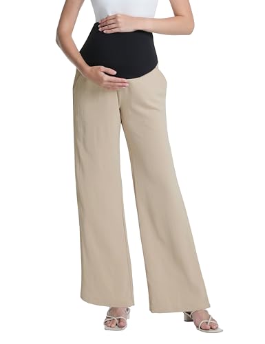 Maternity Pants Wide Leg Pregnancy Palazzo Pants, Khaki, S