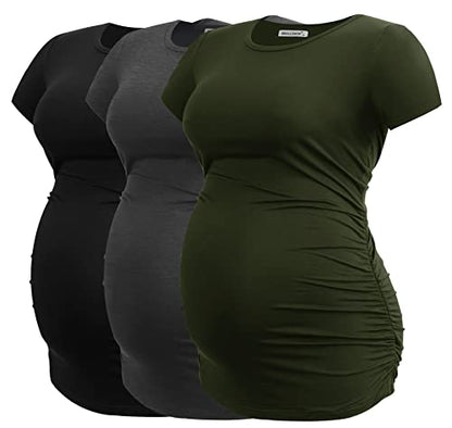 Smallshow Women's Side Ruched Tunic Maternity Shirts 3 Packs - color: Army Green-black-deep Grey(3 Pack), size: Medium