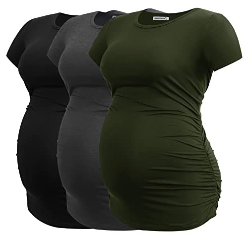 Smallshow Women's Side Ruched Tunic Maternity Shirts 3 Packs - color: Army Green-black-deep Grey(3 Pack), size: Medium