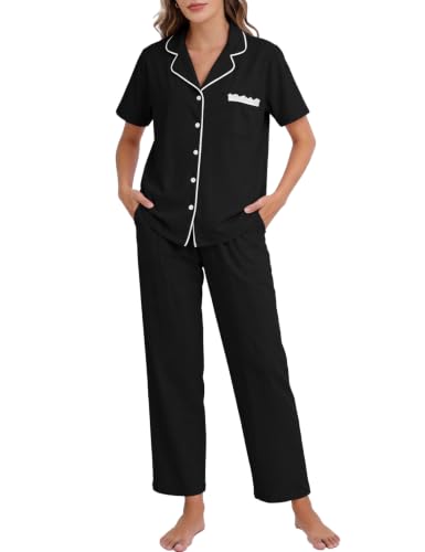 Flygo Womens Button Down Pajama Set Short Sleeve Top Long Pants Soft Loungewear Pjs Set with Pockets - color: Black, size: Large