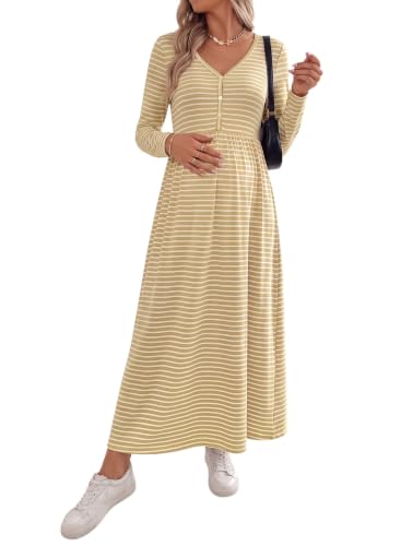 BLENCOT Maternity Dress V Neck Long Sleeve Striped Button Down Maxi Dresses - color: Yellow, size: XX-Large