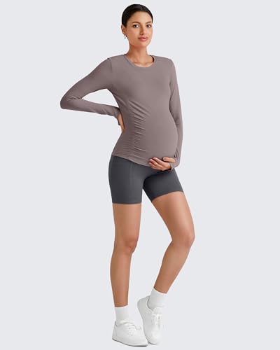 G4Free BareFeel Pregnancy Workout Tops Maternity Long Sleeve Shirts Ruches - color: Taupe, size: Medium