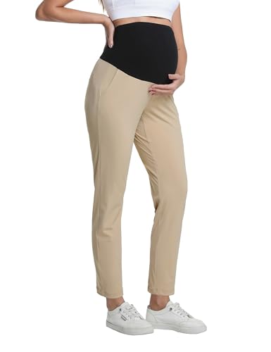 V VOCNI Maternity Pants Work Dress Pockets Ankle Pregnancy Scrub Pants - color: Khaki, size: X-Large