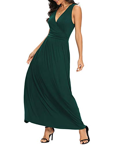 LILBETTER Women Sleeveless Deep V Neck Loose Plain Long Maxi Casual Dress - color: 01 Dark Green, size: Small