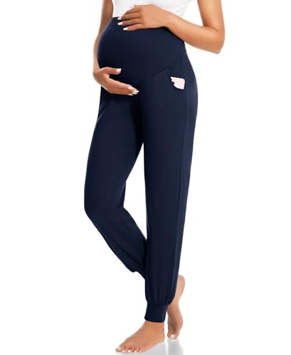HIGHDAYS Maternity Pants with Pockets, Over Belly Thick Pregnancy Leggings - color: Navy Blue, size: X-Large