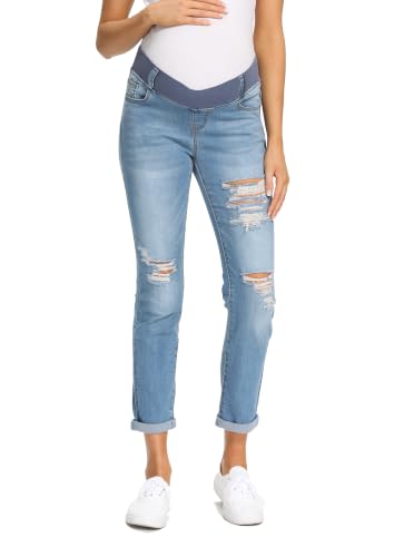 Foucome Women's Maternity Jeans Stretch Ripped Boyfriend Jeans - color: 066# - Blue, size: Large