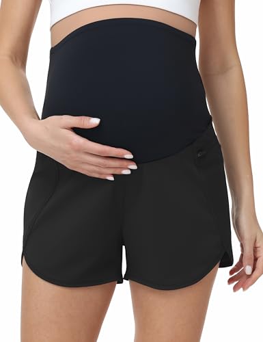 Foucome Womens 2 in 1 Maternity Athletic Shorts with Zipper Pocket - color: Black, size: Small
