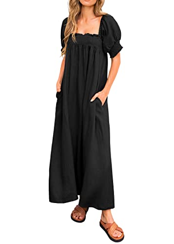 KIRUNDO Women Summer Maxi Dress Puff Sleeve Long Dresses - color: Black, size: Medium