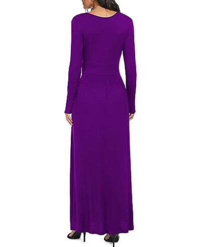 LILBETTER Women Long Sleeve Deep V Neck Loose Plain Long Maxi Casual Dress - color: Purple, size: Large
