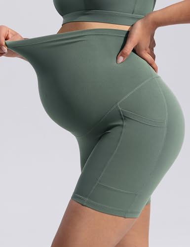 POSHDIVAH Creamluxe Maternity Biker Shorts with Pockets 6"/8" - color: Olive Mist, size: Large