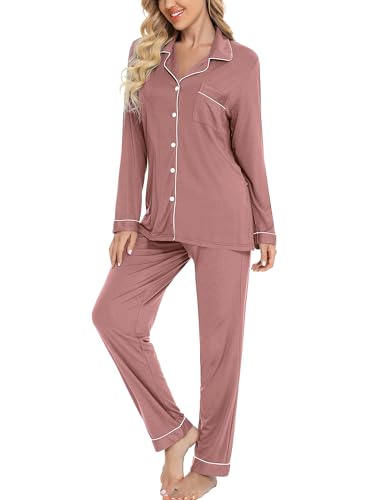 Leikar Button Up Pajamas For Women Long Sleeve Viscose Soft Pjs Lounge - color: Brick Red, size: Medium