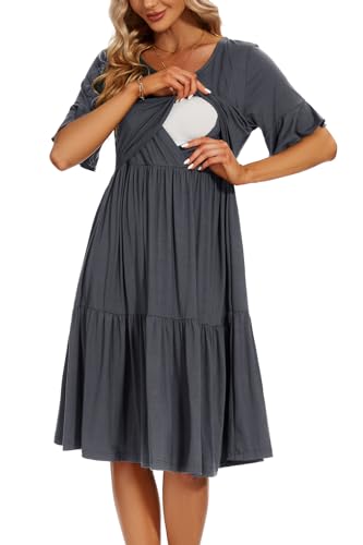 Smallshow Women's Ruffle Maternity Nursing Dress - color: Dark Grey, size: Small