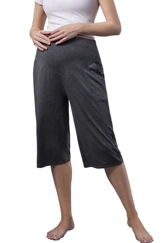 Maternity Lounge Capri Pants, Maternity Cropped Capri Pregnancy, Light Relaxed Soft Touch Trousers with Pockets - color: Grey, size: Medium