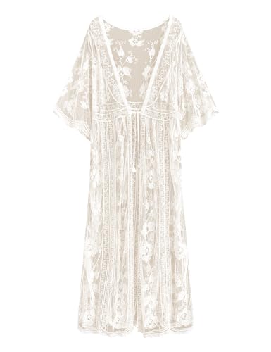 Romanstii Women's Lace Cardigan Floral Crochet Sheer Beach Cover Ups Long Kimono - color: Beige Lace Cardigan