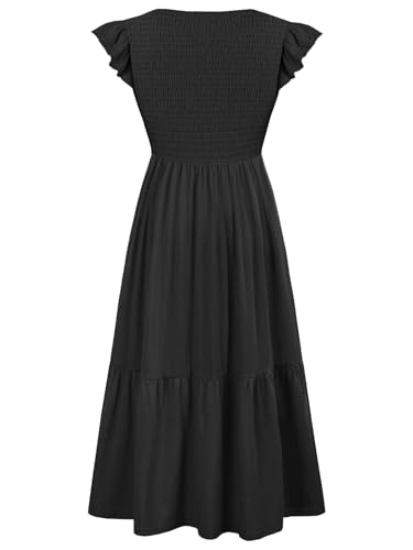 CzzzyL Women's Nursing Dress Flutter Sleeve Crew Neck Smocked Midi Pockets - color: Black, size: Medium