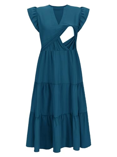CzzzyL Womens Nursing Midi Dress Breastfeeding Sleeveless Tiered Pockets - color: Blue, size: Small