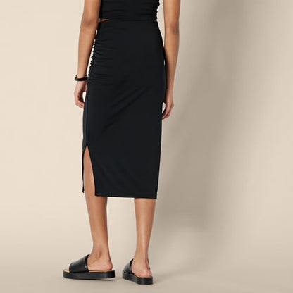 Amazon Essentials Women's Slim-Fit Ruched Matte Jersey Midi Skirt with Side Slit (Top Sold Separately) - color: Black, size: Medium
