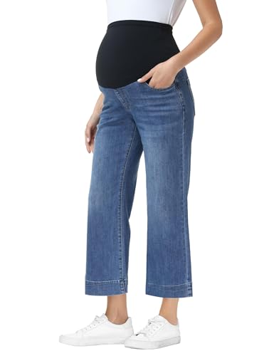 Foucome Women's Maternity Jeans Wide Leg Pregnancy Capris - color: Dark Blue, size: Small