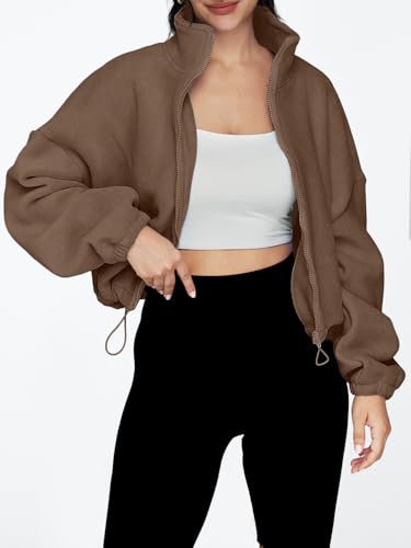 AUTOMET Womens Fleece Jackets Zip Up Oversized Cropped Sweatshirts - color: Coffee, size: X-Large