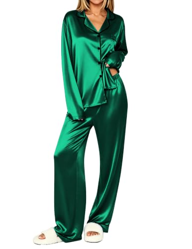 Ekouaer Womens Pajamas Silk Satin Long Sleeve Button Down Pjs Lounge Set - color: Green, size: Large