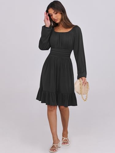 ANRABESS Women Long Lantern Sleeve Square Neck Fall Short Dress - color: Black, size: Medium