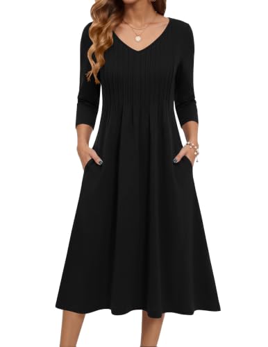 Zeagoo 3/4 Sleeve Women's Dress Pleated Midi Casual Dresses with Pockets - color: Black, size: Medium
