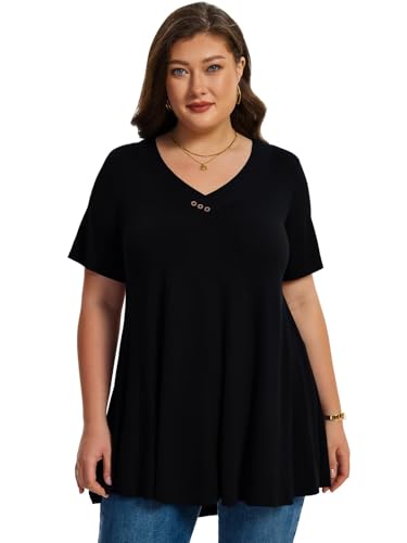 LARACE Plus Size Tops for Womens Button Down Tunics Shirts Summer Blouses - color: Black, size: 1X