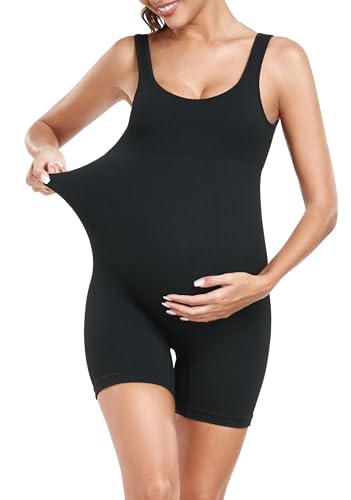 EastElegant Maternity Seamless Yoga Jumpsuits Women's One Piece Workout Bodysuits Ribbed Square Neck Romper - color: Black, size: Medium